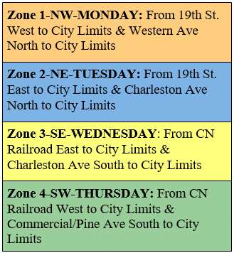 Description of collection zones in colored boxes matching the colors on the zone map.