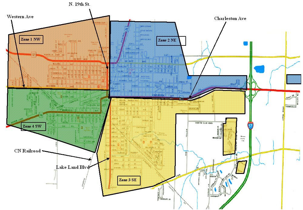 Different colored, transparent shapes over a map of the City of Mattoon indicating the different leaf collection zones. 